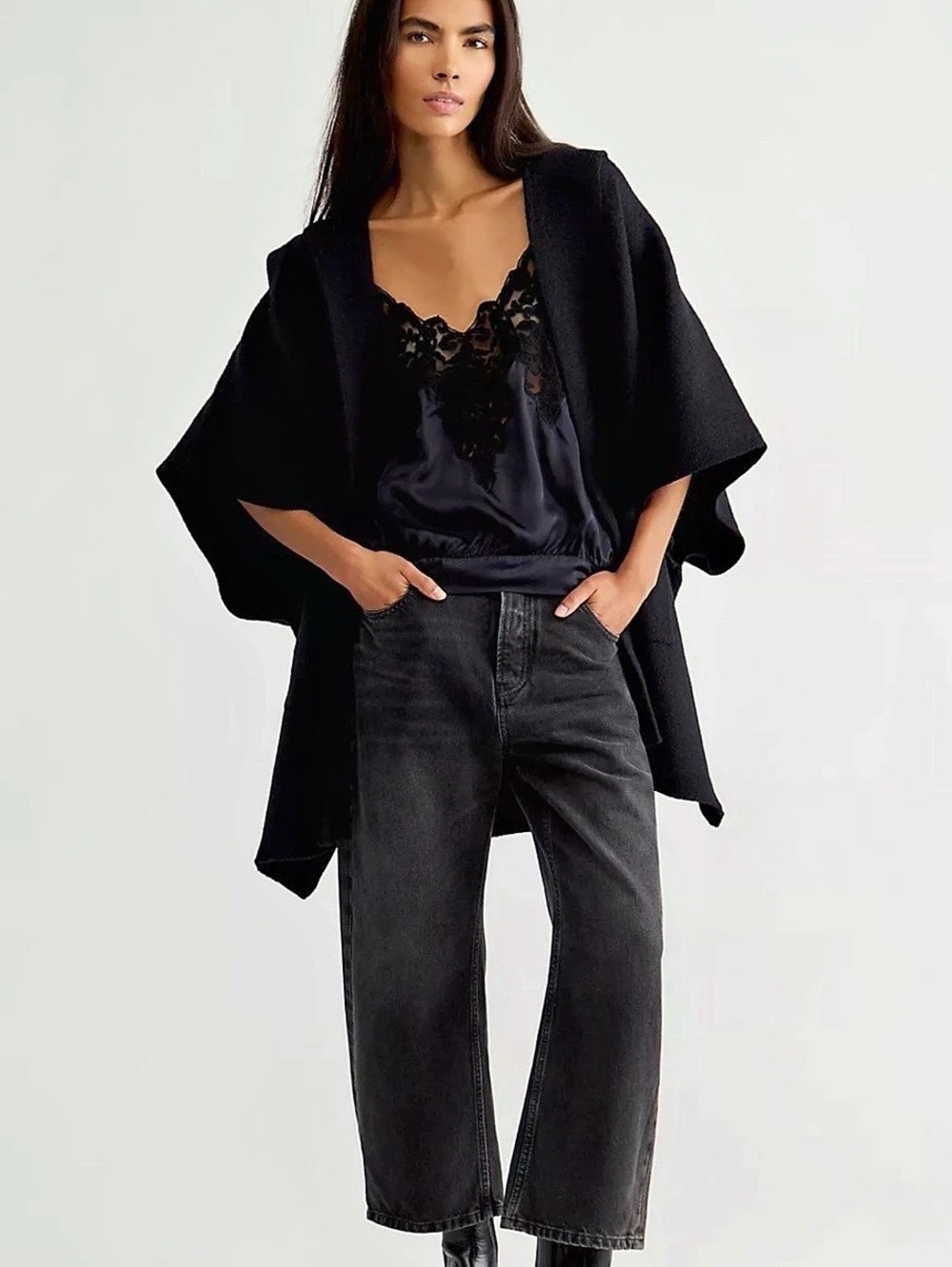 NWT Free People Black All I Need Cozy Hooded Duster Cape One Size New